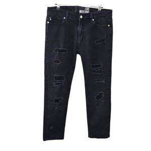Love Moschino Womens Distressed Jeans with Lace, Black, Size 31